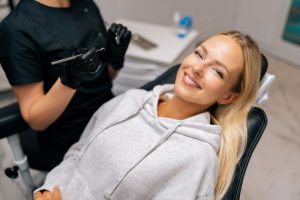 Smiling dental patient viewed from high angle