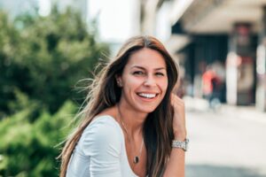 Woman smiling with pretty teeth.